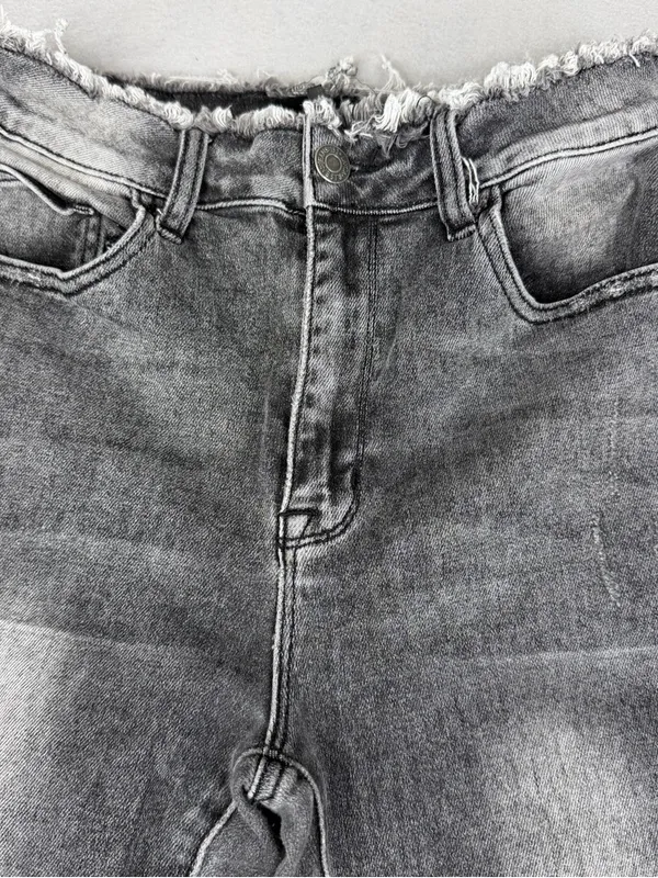 Risen High Rise Crop Flare Jeans 27 Gray Distressed Raw Hem Stretch Y2K - Image 2