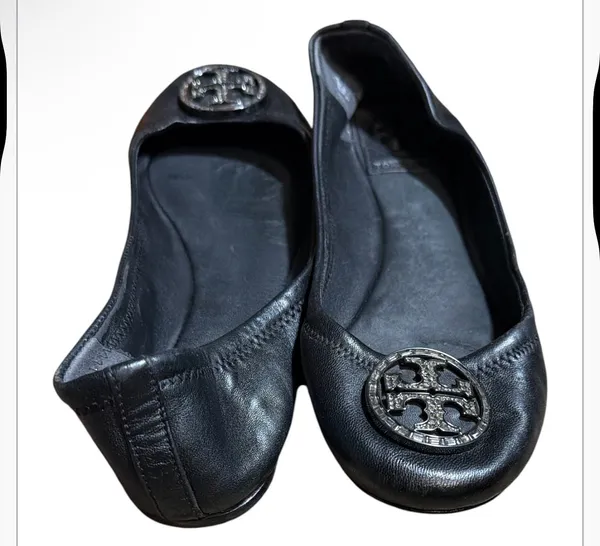 Tory Burch Black Leather Ballet Flats with Crystal Logo Medallion - Image 3