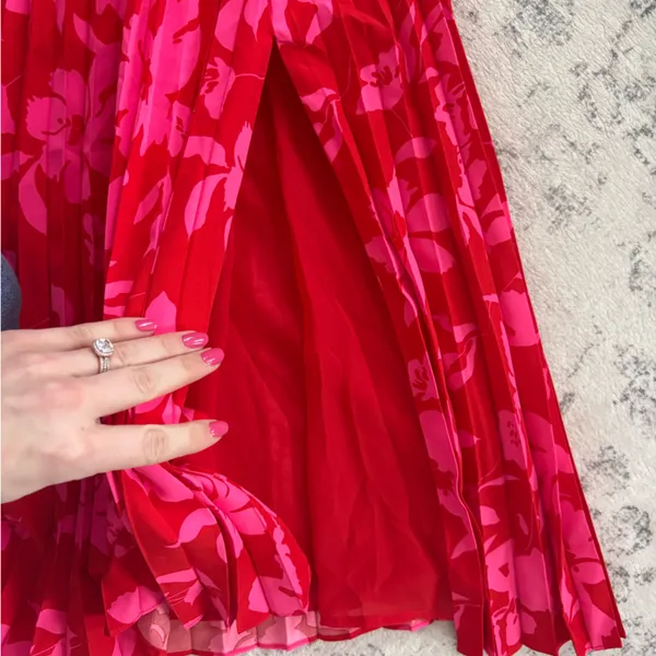 Lulus Vibrant Moment Red and Pink Floral Pleated Lace-Up Midi Dress Size XS NWT - Image 10