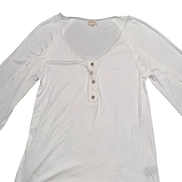 POL Henley Top Womens Medium White Excellent Lace‎ Trim Bell Sleeve UKT71 Cotton - Image 3