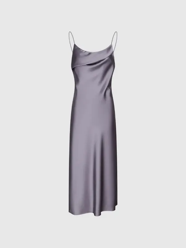 Satin Slip Midi Dress with Draped Cowl in Lavender - Image 2