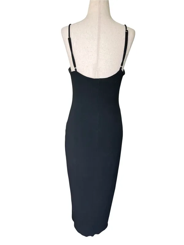 Blanc black ribbed-knit midi dress with asymmetric curved row of front buttons - Image 6