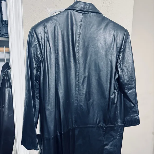 Vtg 90s Global Identity leather Coat womens S black Long 90s Trench Matrix Y2K - Image 10
