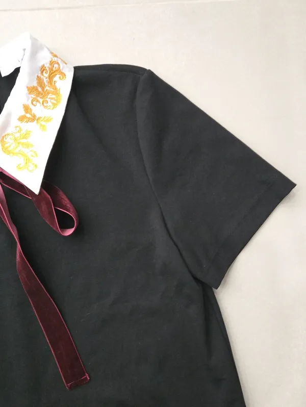 Zara Black Dress with Embroidered White Collar and Burgundy Ribbon Size M - Image 6