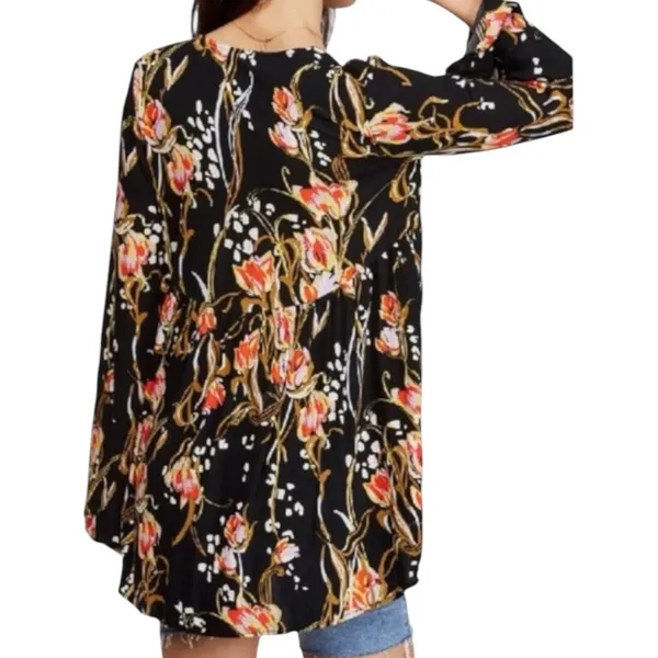 Free People‎ Bella Floral Babydoll Tunic Top Mini Dress Black V-Neck Size Medium - Image 2