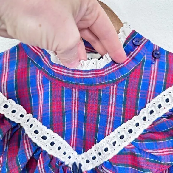 Vintage 70s Plaid Prairie Blouse Eyelet Lace‎ Victorian Revival High Neck Ruffle - Image 8