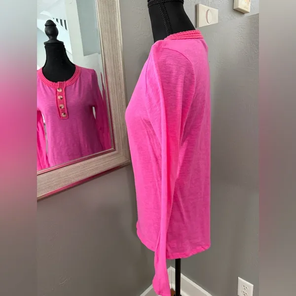 Bibi Hot Pink Barbiecore Crochet Trim Henley Size Small. - Image 3