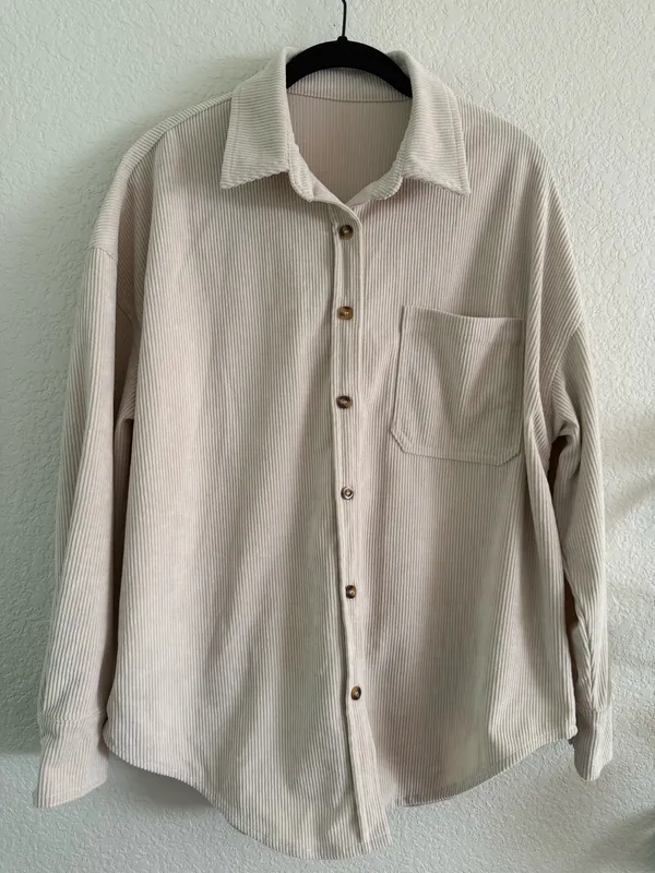 Small Beige Casual Button Down Long Sleeve with Oversized Fit Corduroy Style Tan - Image 2