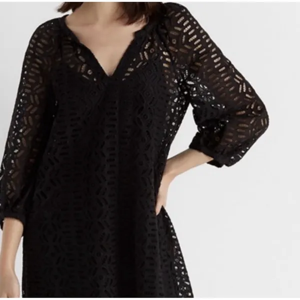 CLUB MONACO Dress Black V Neck Eyelet Balloon Sleeve Peasant Size Small‎ - Image 3