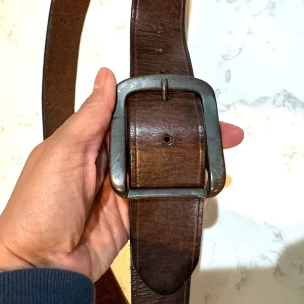 Vintage Brown leather metal turquoise patina studded belt size 34-38” western - Image 3