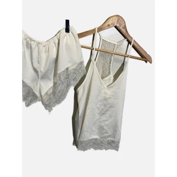 Homebodii Pajama Set Womens S Ivory Satin Lace Cami Tap Shorts Bridal Sleepwear - Image 4