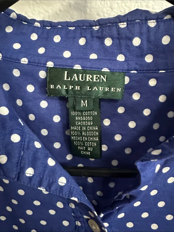 Ralph Lauren Blue and White Polka Dot Button-Down Shirt Size Medium - Image 2