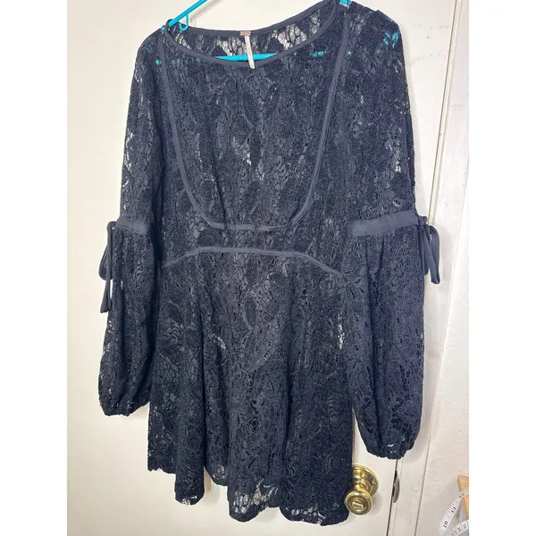 Free People Ruby Black Lace Mini Dress – Whimsigoth Boho Statement Sleeves Sz S - Image 7