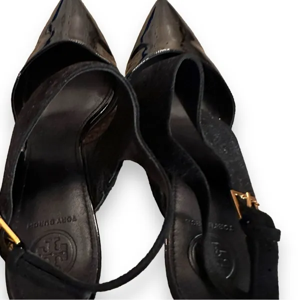 Tory Burch Ashton Black Suede‎ Leather Slingback Kitten Heel Sandal Pumps Sz 9 - Image 9