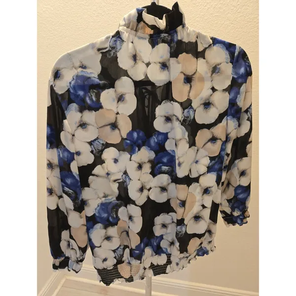 White House Black Market Floral Tie Neck Ruffle Chiffon Blouse Top Women Size M - Image 6