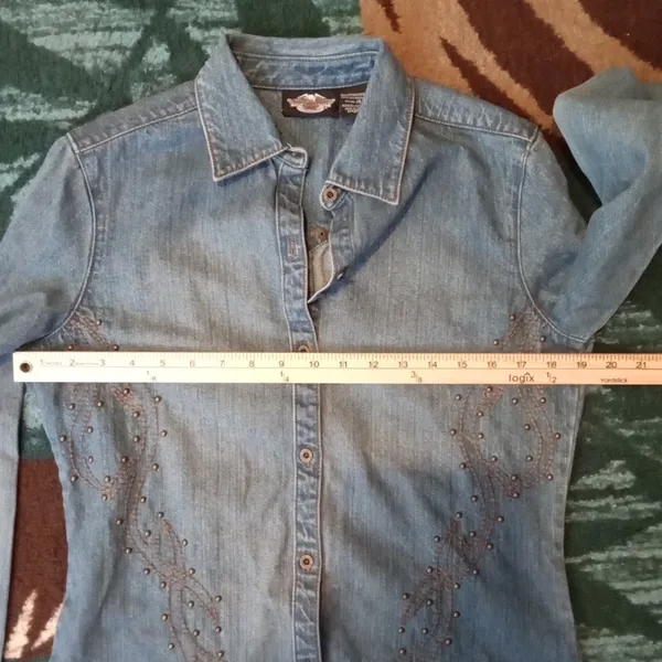 Harley-Davidson Blue Embroidered Button-Down Shirt Denium Costal Womens M - Image 8