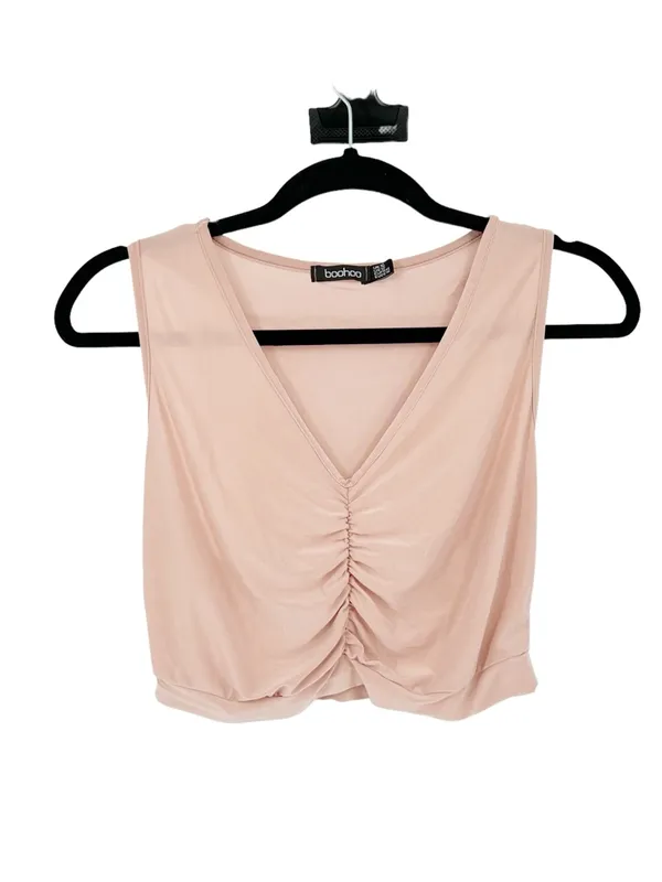 Boohoo Blush Pink Ruched V Neck Sleeveless Y2K Going Out Tank Crop Top Size 12 - Image 2