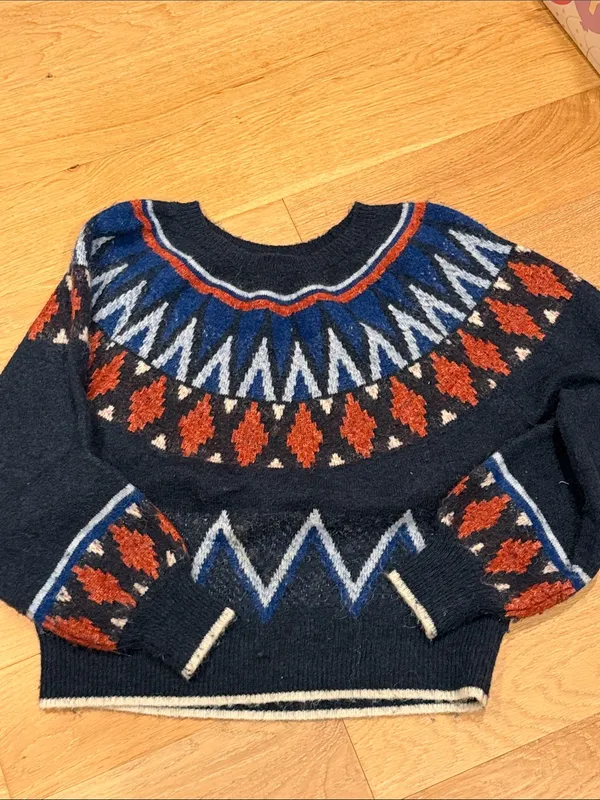 Sundry Navy Fair Isle Crewneck Sweater with Rust & Royal Blue Accents - Image 2