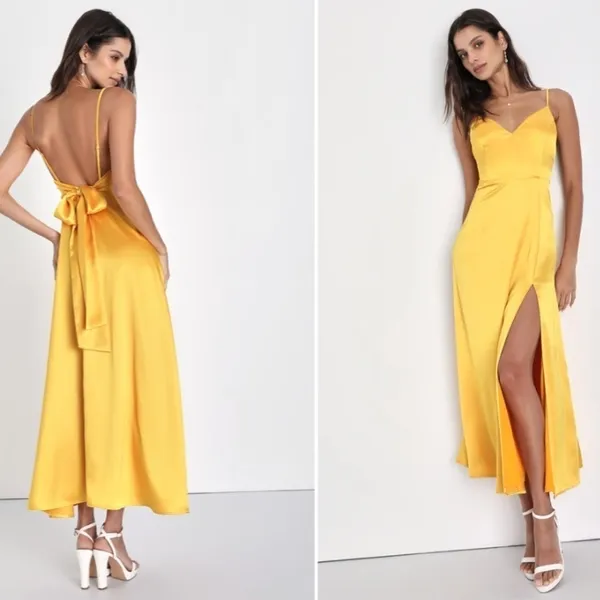 LULU's Prom Wedding Bridesmaid Glamorous Satin Open Tie Back Back Midi Dress - Image 2