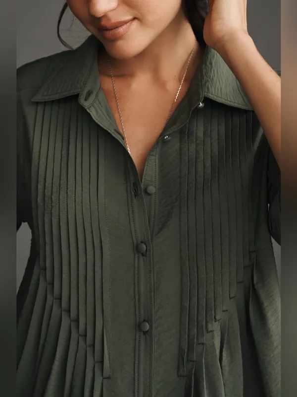 Pilcro Anthropologie Pintuck Tunic Shirt Dress Olive Green Medium - Image 10