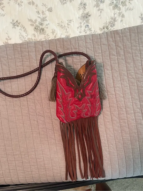 Red Leather Fringe Crossbody Mini Bag with Brown Trim - Image 2