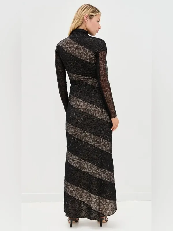 Alice + Olivia Black Nude Size 4 Lace Panel Long Sleeve Fitted Maxi Dress Gown - Image 3