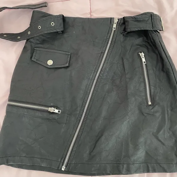 LF Seek The Label black vegan leather Moto biker asymmetrical zip mini skirt S - Image 6