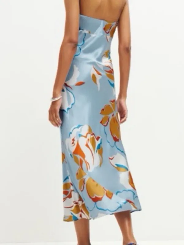 Reformation Strapless Floral Midi Dress in Light Blue and Mustard - Image 3