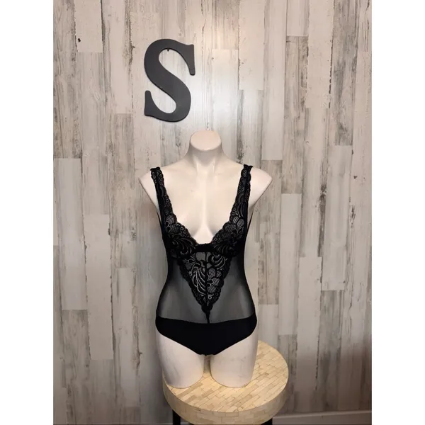 Timing Black Mesh Lace Bodysuit Womens Size Small S Sheer Low Back Teddy Lingeri - Image 6