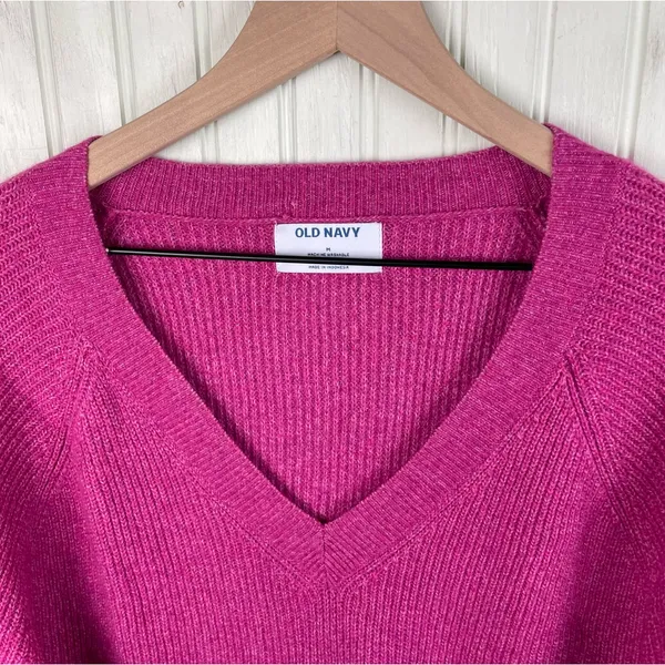 Old Navy V-Neck Melange Shaker Stitch Cocoon Pullover Sweater Berry Pink Medium - Image 5