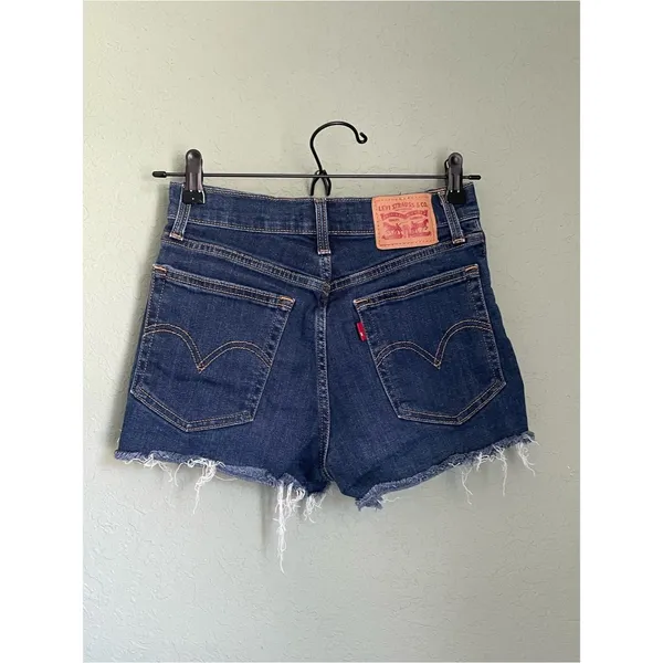 Levi’s High Rise Short Size 26 Dark Wash Raw Hem Cut Off Frayed Fringe - Image 4