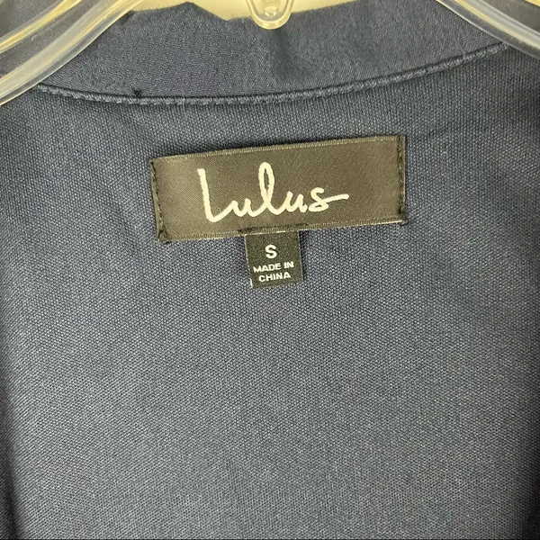 LULUS Navy Long Bell Sleeves True Wrap Lined Dress Size Small Casual Neutral - Image 3