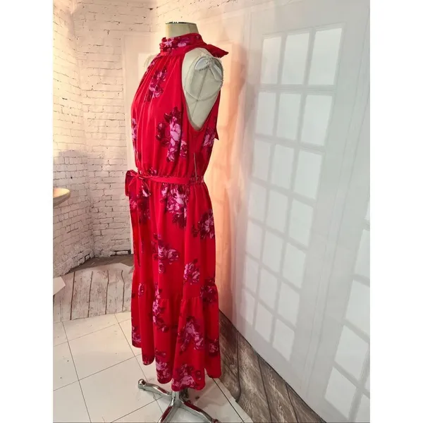Scoop NWT Red Floral Halter Neck Tie Waist Sleeveless Maxi Dress Size XL - Image 4