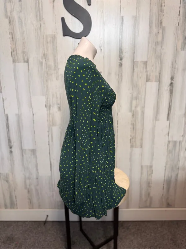 BP Nordstrom Dark Green Polka Dot Long Sleeve Smocked Mini Dress Womens Small Bo - Image 4