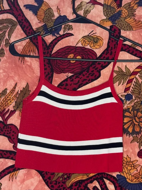Red, Black, and White Knit Crop Top Red - Image 2