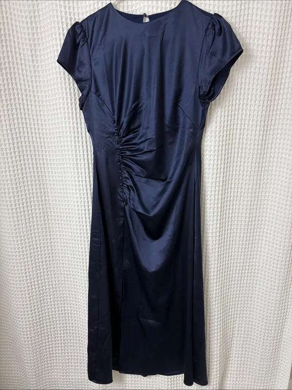 Petal + Pup Lisbeth Ruched Satin Midi Dress Navy Large NWT - Image 7