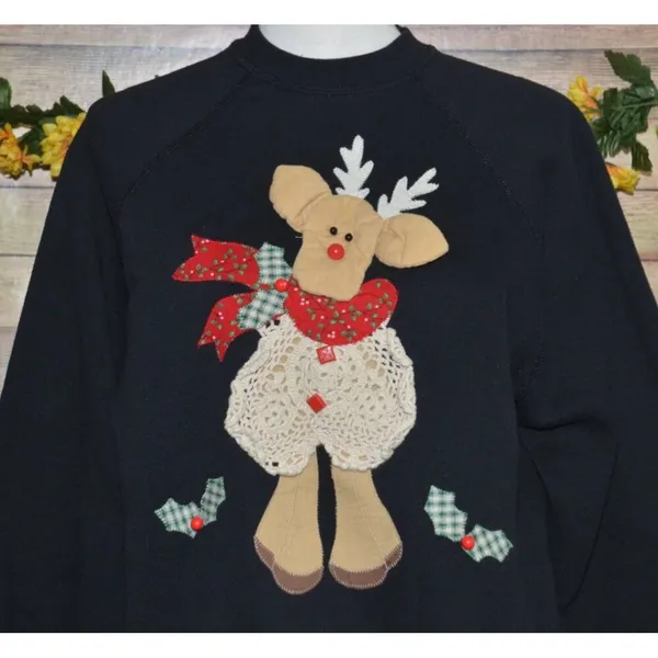 Tultex Vintage Hand Crafted Black Christmas 3-D Reindeer Sweatshirt Size L Granny Core - Image 2