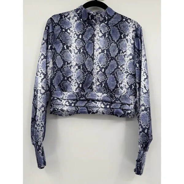 Topshop Python Snake Print Satin Crop Top Navy Mock Neck Long Sleeve Chic Blouse - Image 3