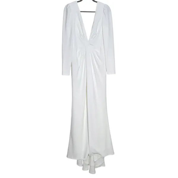 Lulus White Long Sleeve Mermaid Wedding Dress with Deep V-Neck NWT Size Small - Image 4