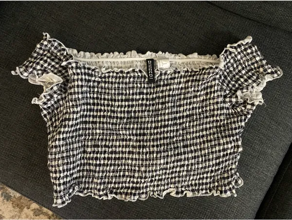 Black And White Plaid Checkered Off The Shoulder Smocked Crop Top - Image 3