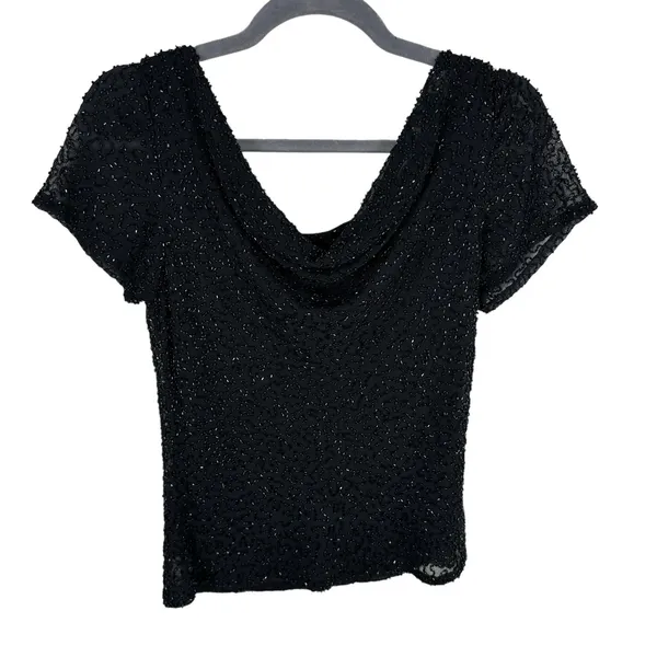 Jkara NWT Black‎ Beaded Drape Neck Cap Short Sleeve Lined Blouse Size S Black - Image 2