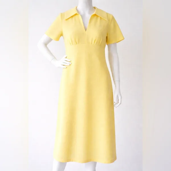 VINTAGE 60s Yellow Jacquard Empire Waist Mod Dress Large - Image 2