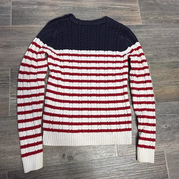 Vintage Tommy Hilfiger nautical fisherman cable knit sweater with red and white stripes at the hem and navy blue upper 100% cotton Made in Japan size small Has some minor yellowing spots as pictured barely noticeable on the hem and on the sleeves Ptp 15” Waist 13.5” Length 22” Inseam 19.25” Stretchy fabric #preppy #vintage #cableknit #fisherman #nautical - Image 6