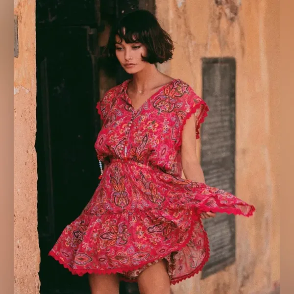 Sunrise by The Kooples Reef Paisley Print‎ Silk Chiffon Mini Dress Pink Size 2 - Image 2