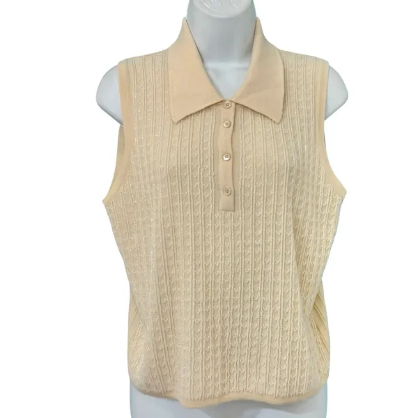 Vintage Banana Republic Cream Merino Wool Beaded Sleeveless Polo Sweater Tank L - Image 3