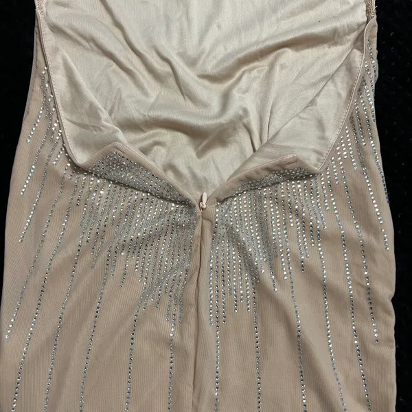 Rhinestone Open Back Mini Dress Slim Fit Mock Neck Backless Long Sleeve Tan Dress Party Dress Prom Wedding - Image 9