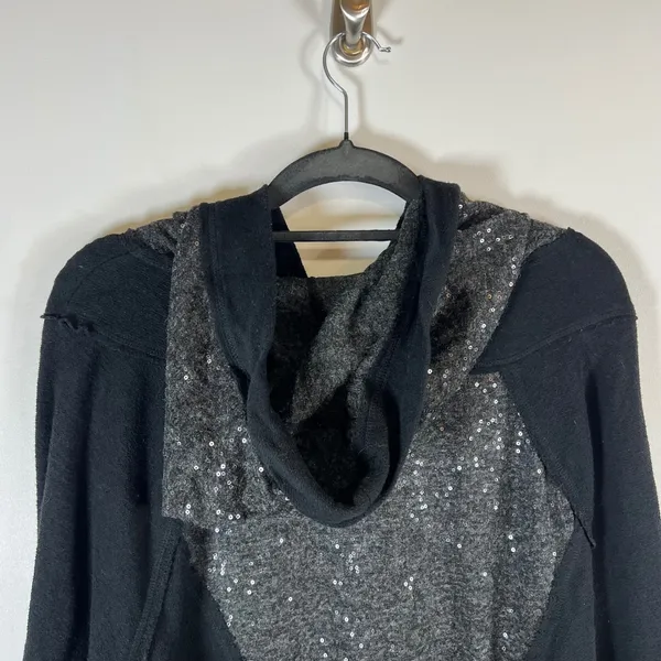 Free People‎ Sequin Mixed Media Hoodie Black Charcoal Grey Pullover Small boho - Image 7