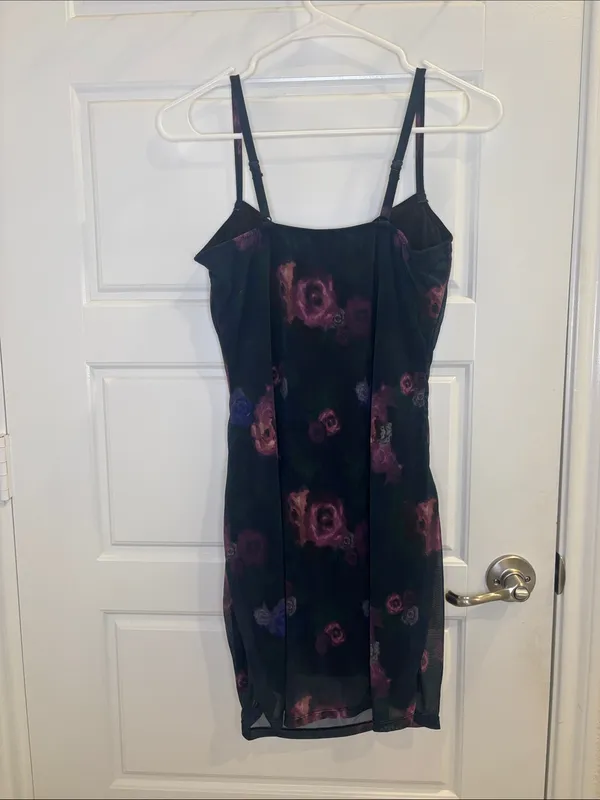Popilush Floral Mesh Ruched Bodycon Mini Dress Black M - Image 3