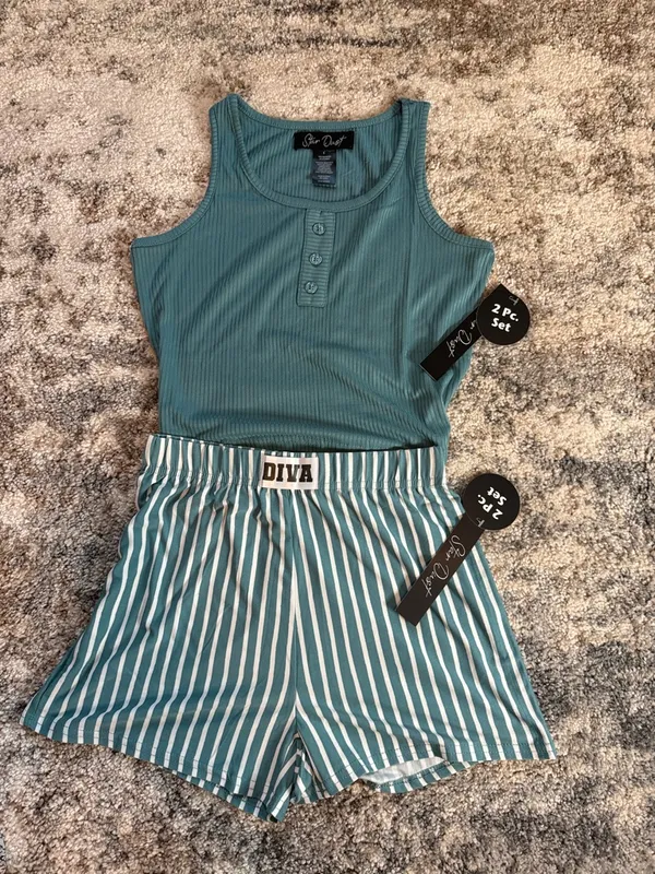 Diva Teal Ribbed Tank & Striped Shorts Set Green - Image 3