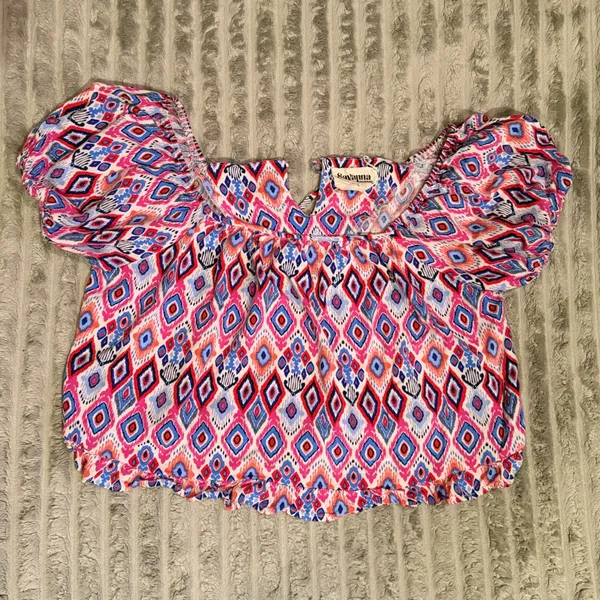 Savanna Jane Womens Pink Blue Ikat Diamond Print Puff Sleeve Crop Top Large - Image 2